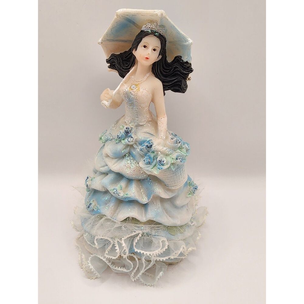 Vintage Hard Plastic Lady Figurine Blue Dress Crown Parasol Jewelry 6 inches